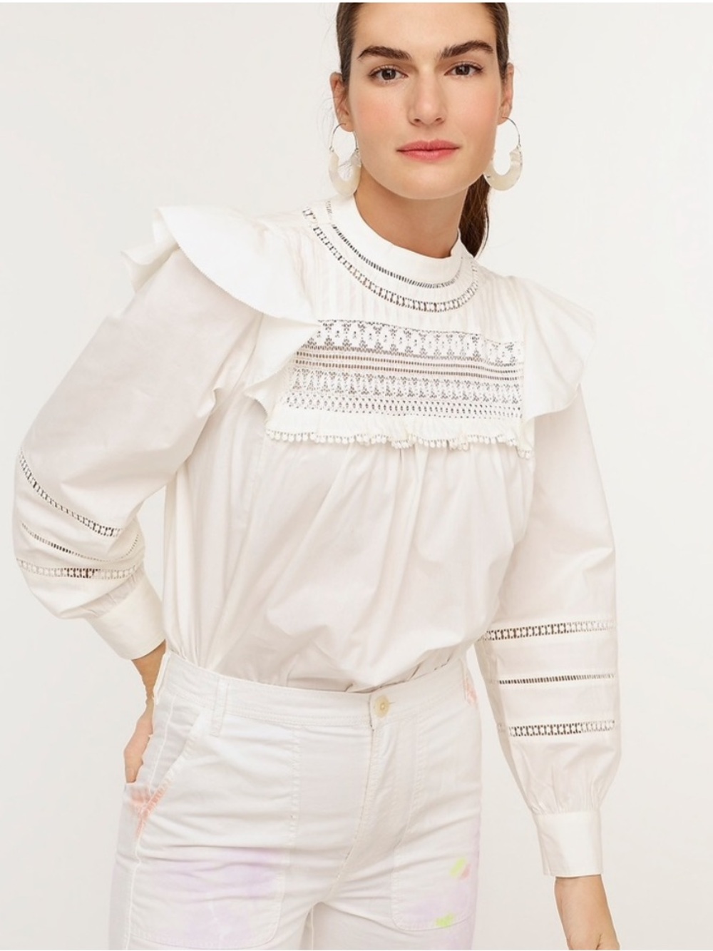 J. Crew White Long Sleeve Lace-Trim Ruffle Yoke Blouse - size Small